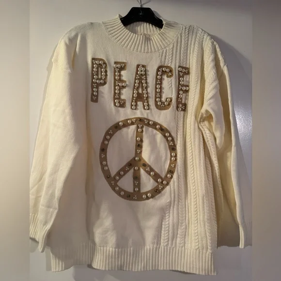 NWOT Pol Cream Sweater with Pearl and bead embellished Peace Sign - Picture 1 of 4
